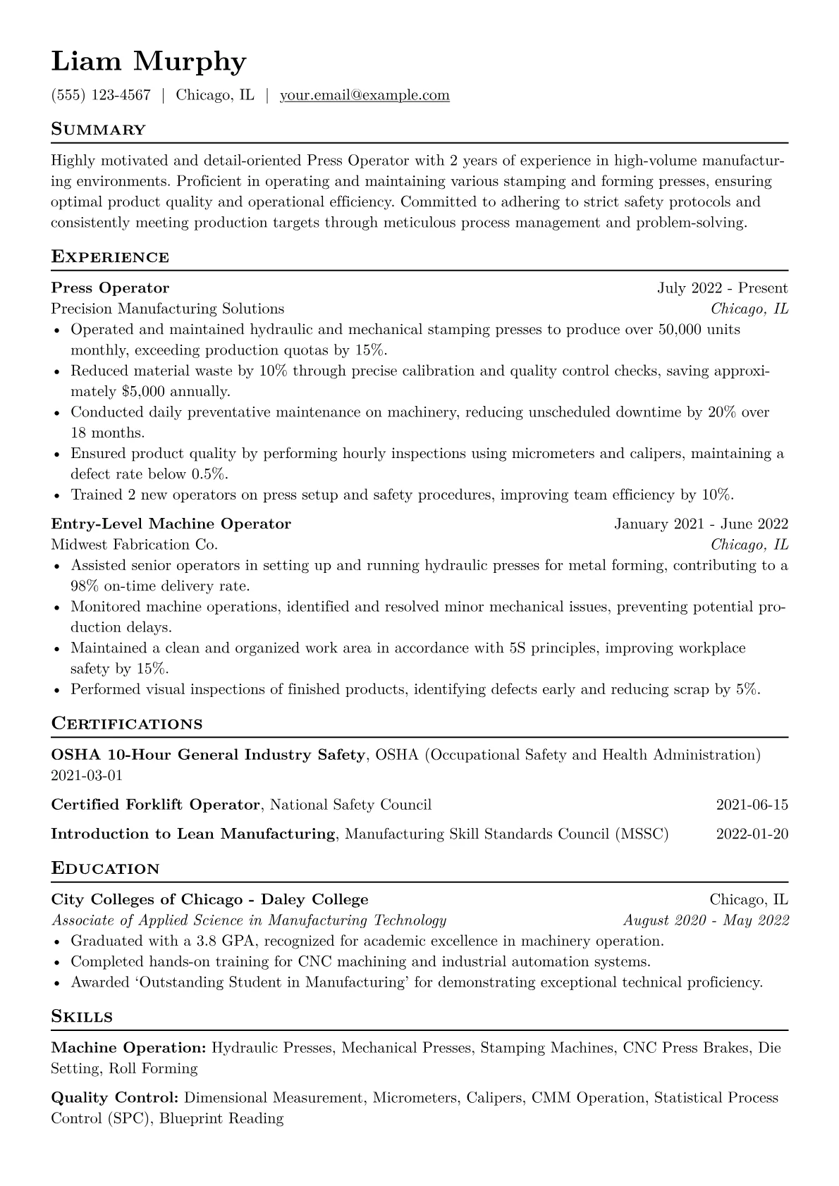 Press Operator Resume Example CV template - Page 1