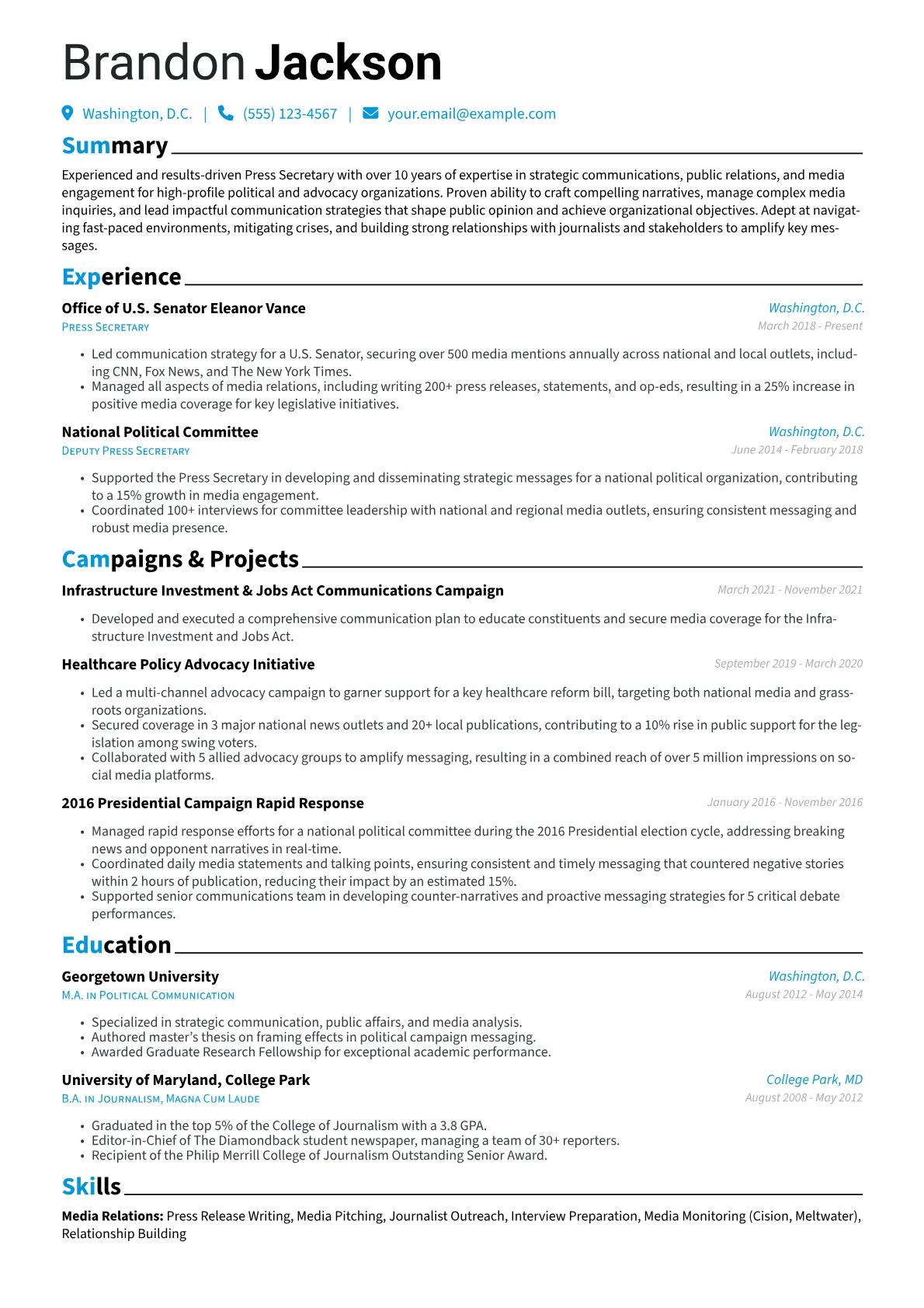 Press Secretary Resume Example CV template - Page 1