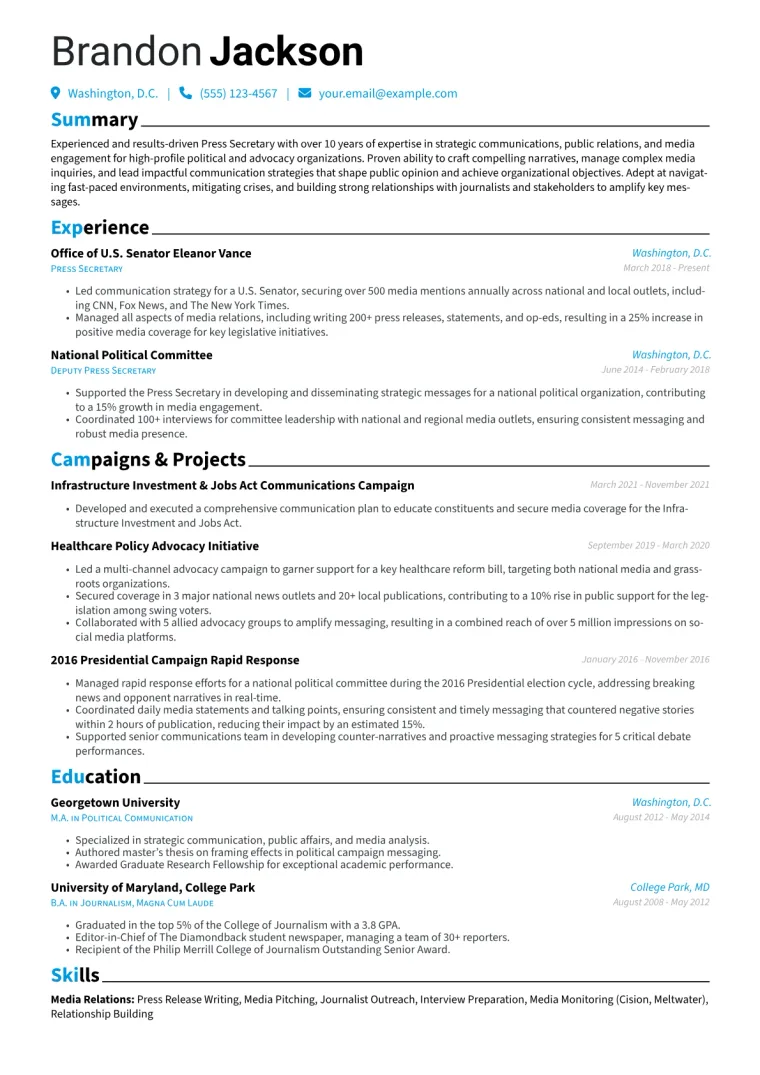 Press Secretary Resume Example CV template preview