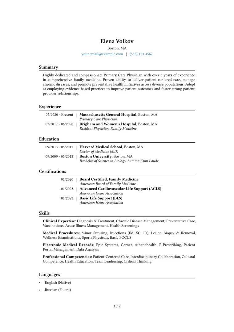 Primary Care Physician Resume Example CV template preview