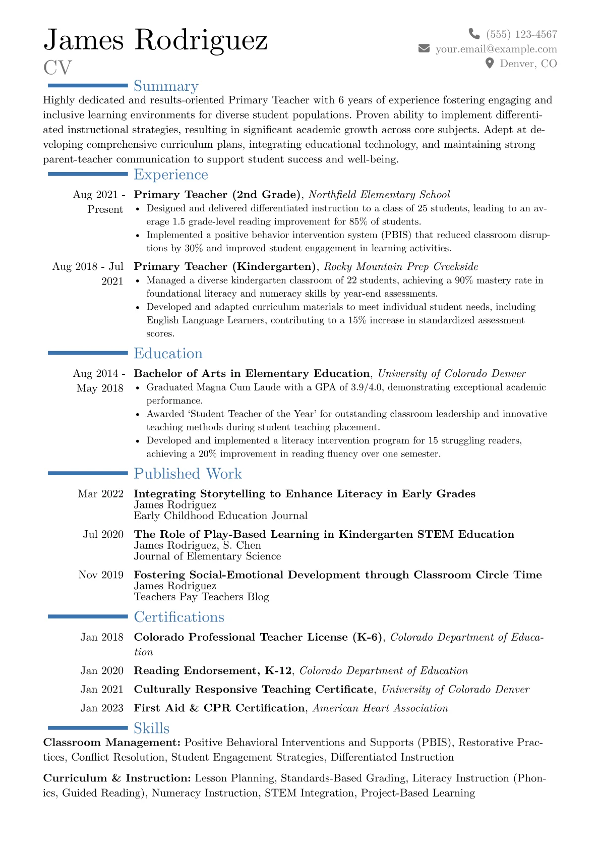 Primary Teacher Resume Example CV template - Page 1
