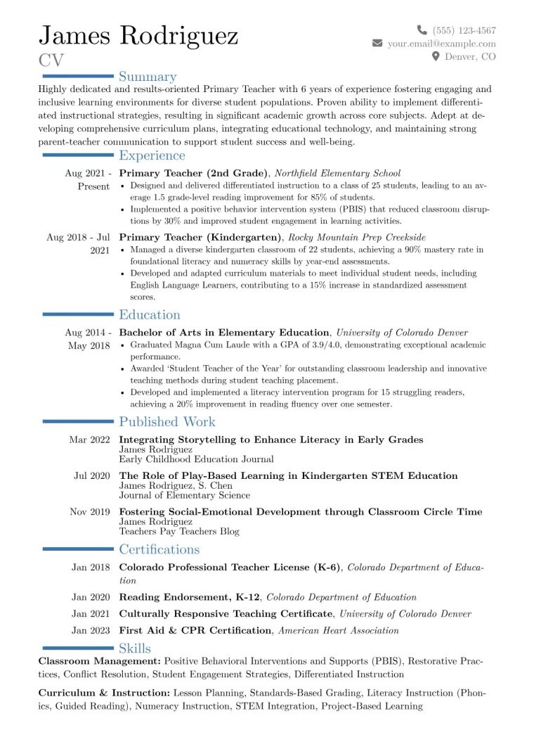 Primary Teacher Resume Example CV template preview