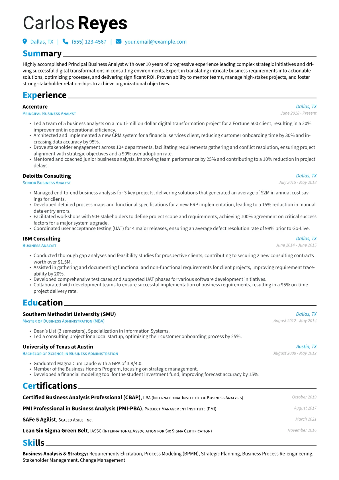 Principal Business Analyst Resume Example CV template - Page 1