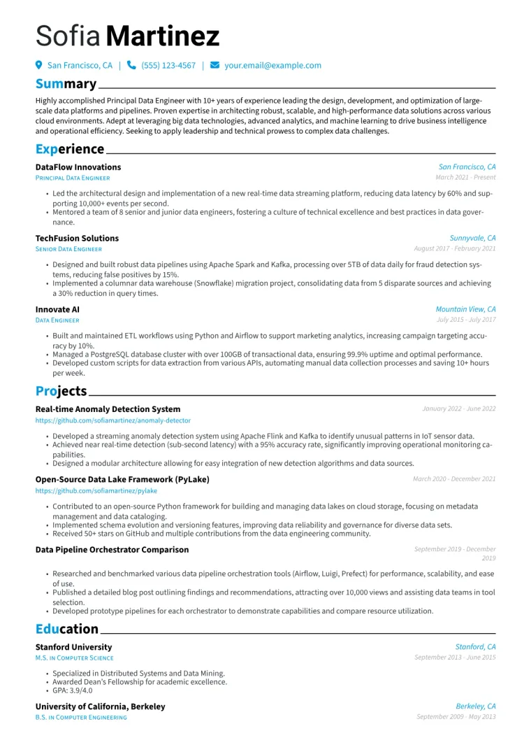 Principal Data Engineer Resume Example CV template preview