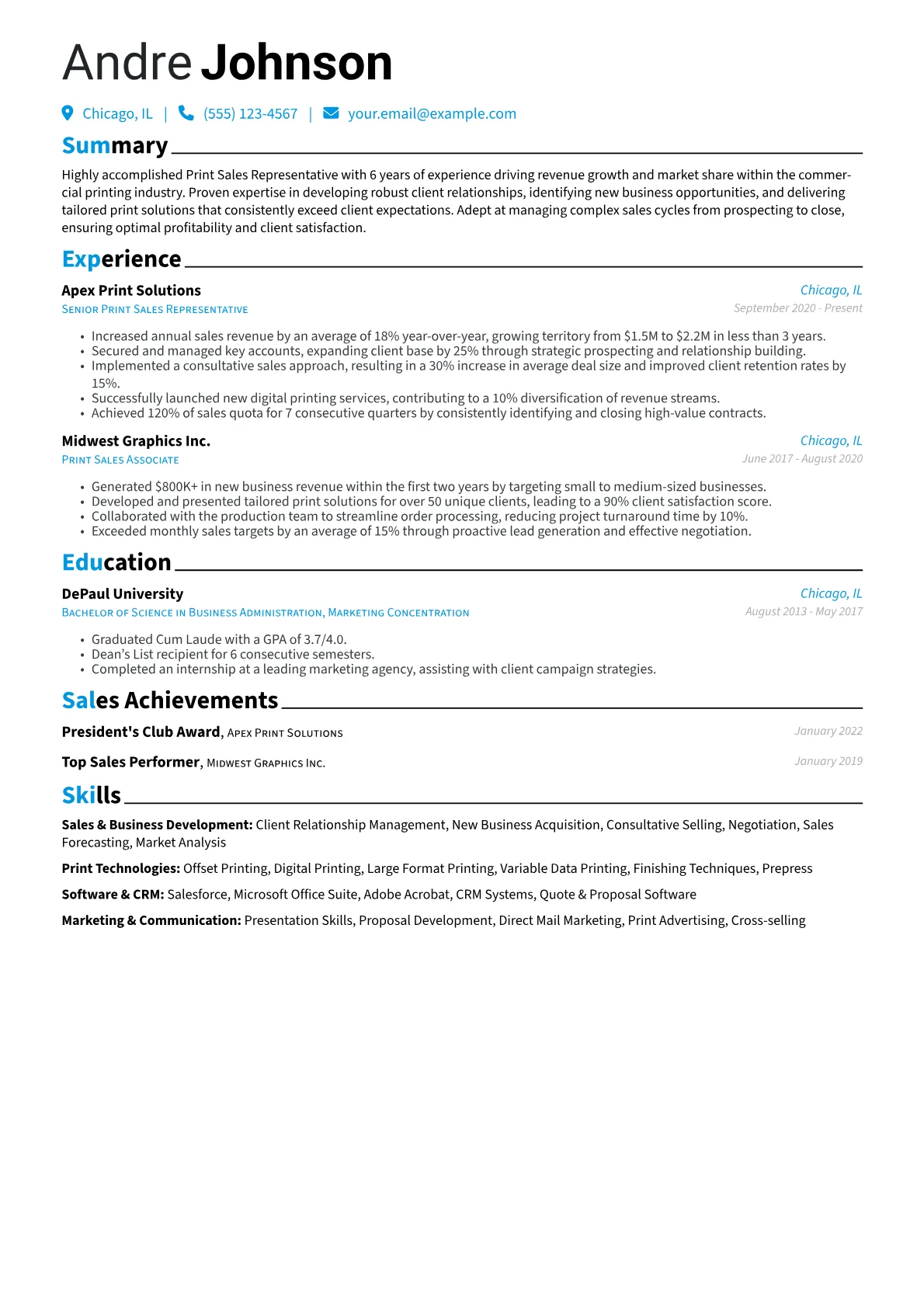 Print Sales Representative Resume Example CV template - Page 1