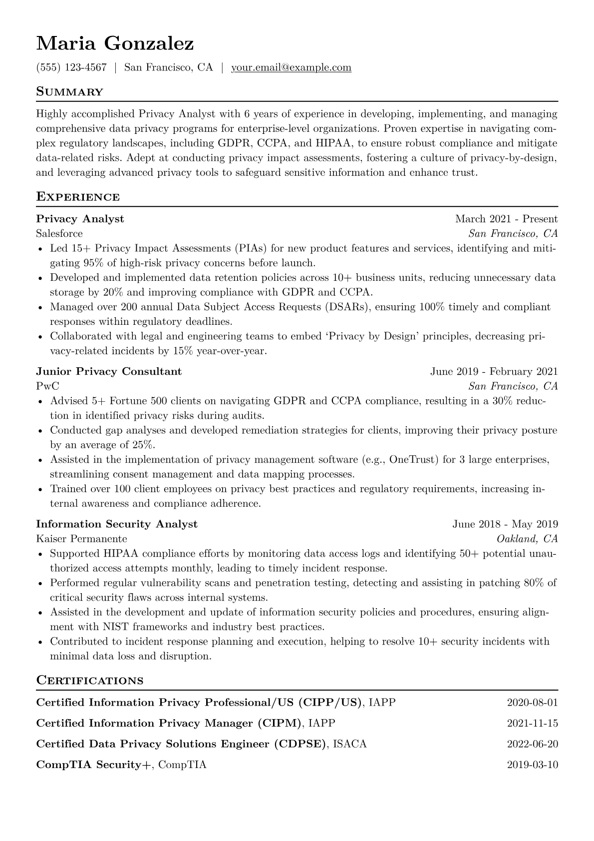 Privacy Analyst Resume Example CV template - Page 1
