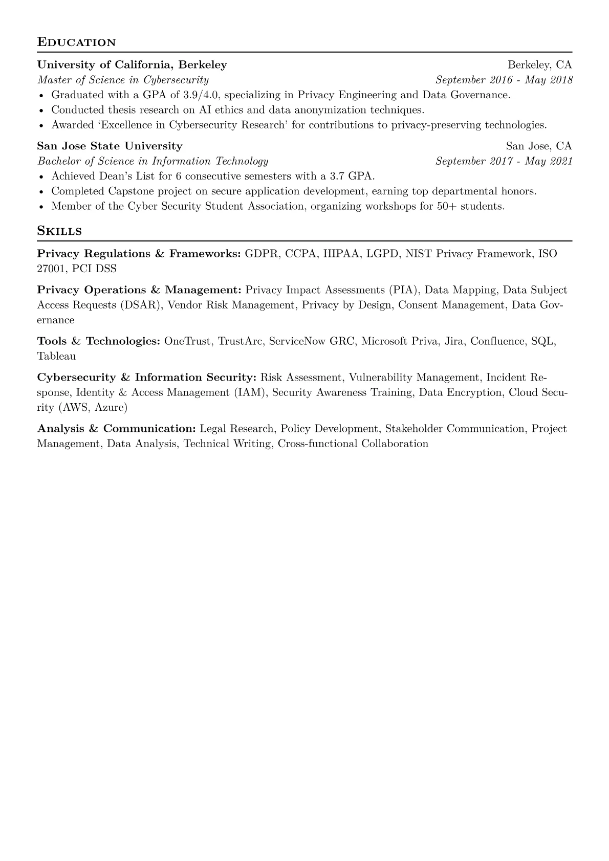 Privacy Analyst Resume Example CV template - Page 2