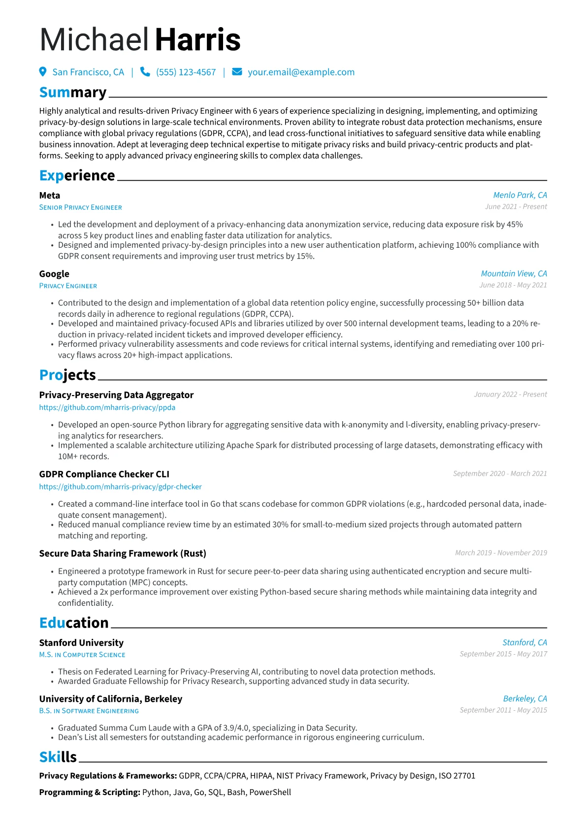Privacy Engineer Resume Example CV template - Page 1