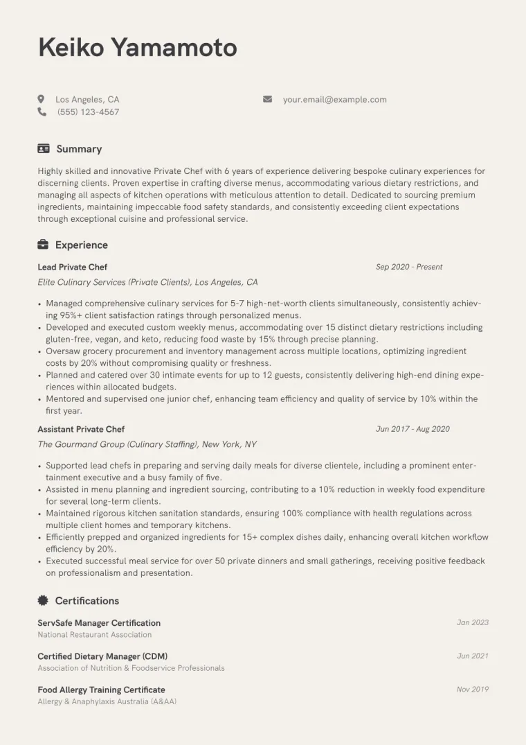 Private Chef Resume Example CV template preview