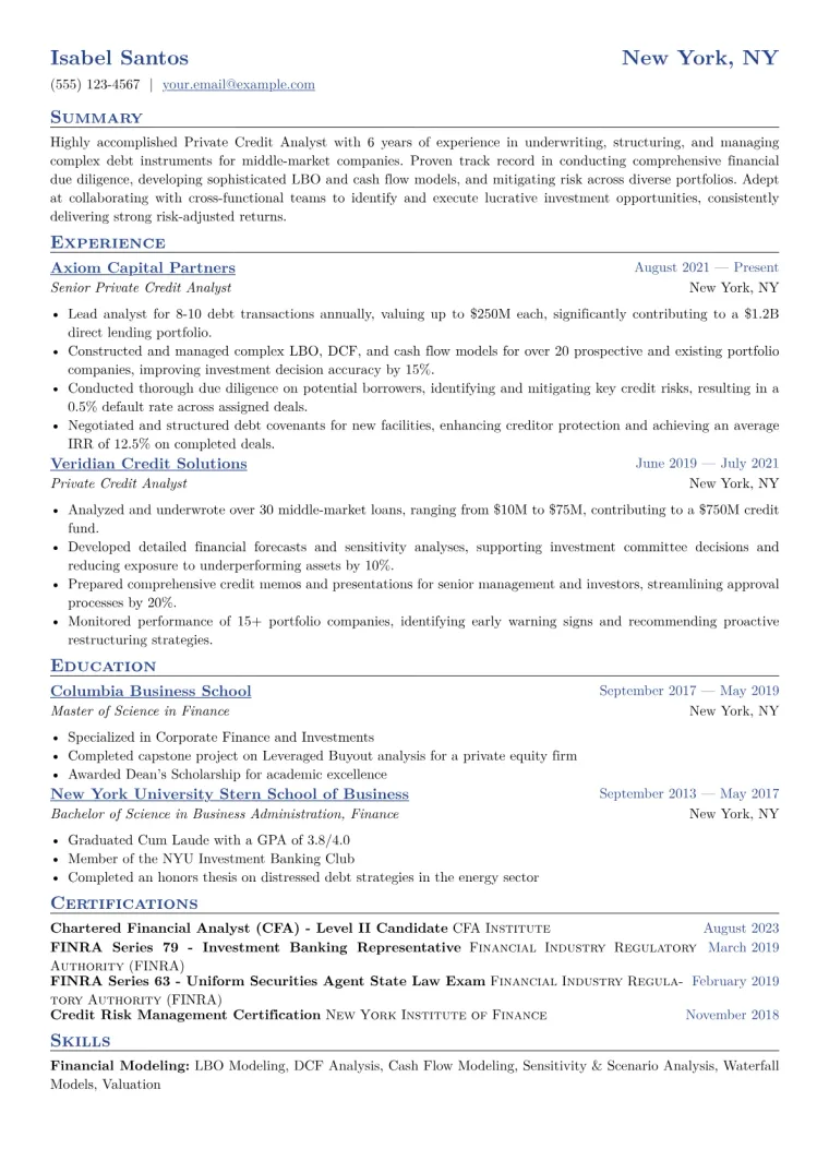 Private Credit Analyst Resume Example CV template preview