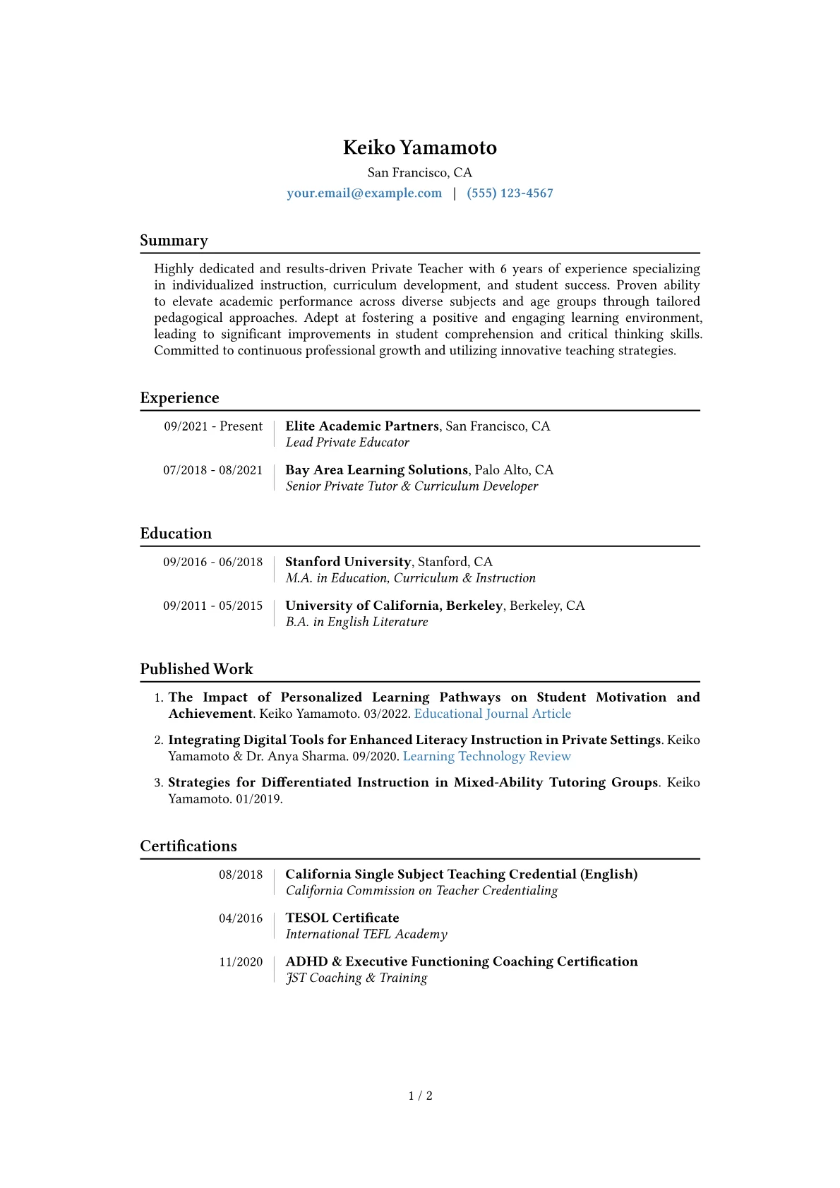 Private Teacher Resume Example CV template - Page 1