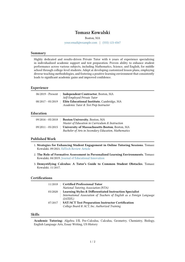 Private Tutor Resume Example CV template preview