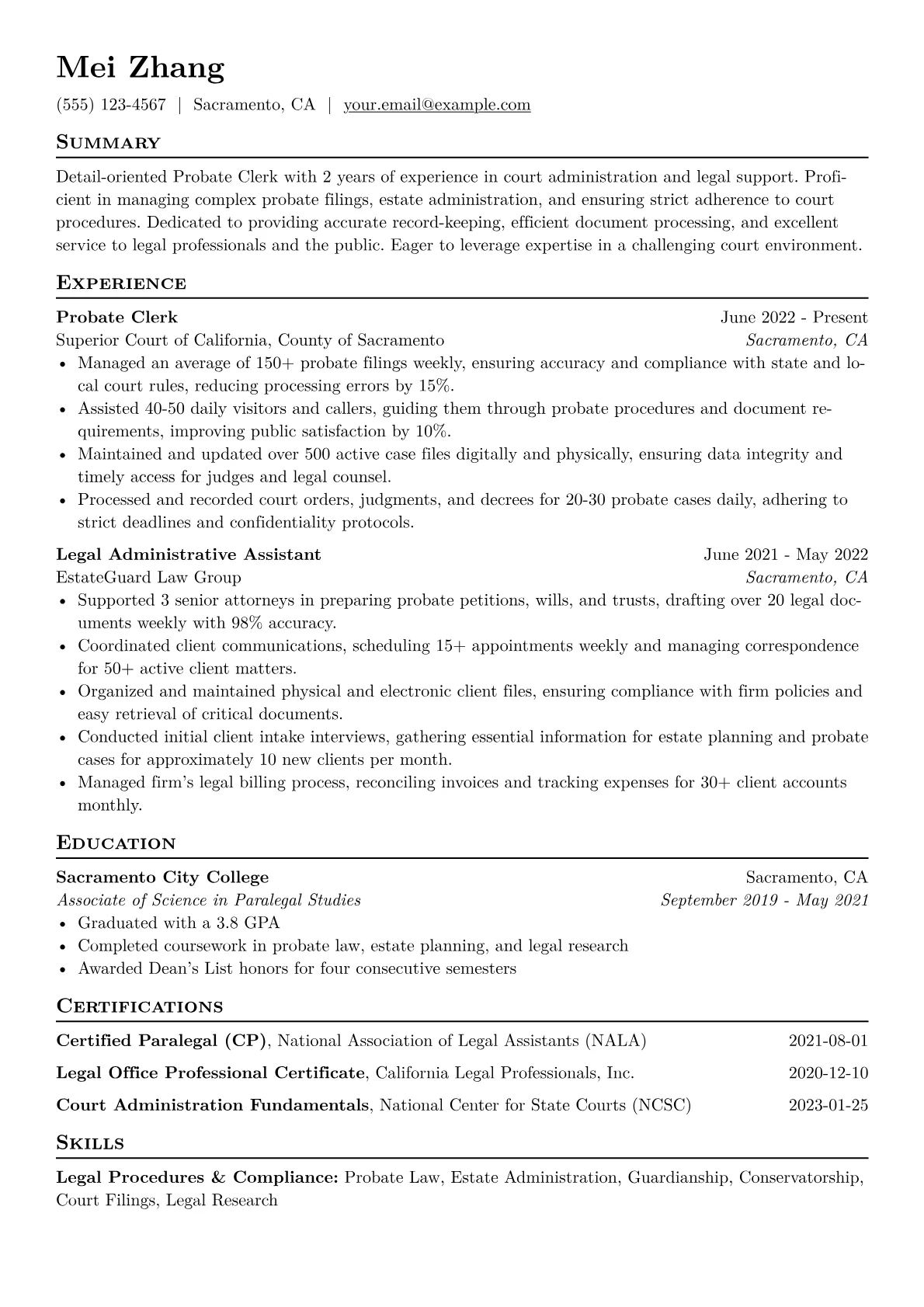 Probate Clerk Resume Example CV template - Page 1