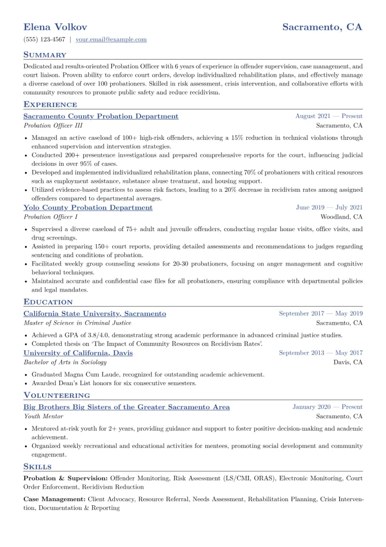 Probation Officer Resume Example CV template preview