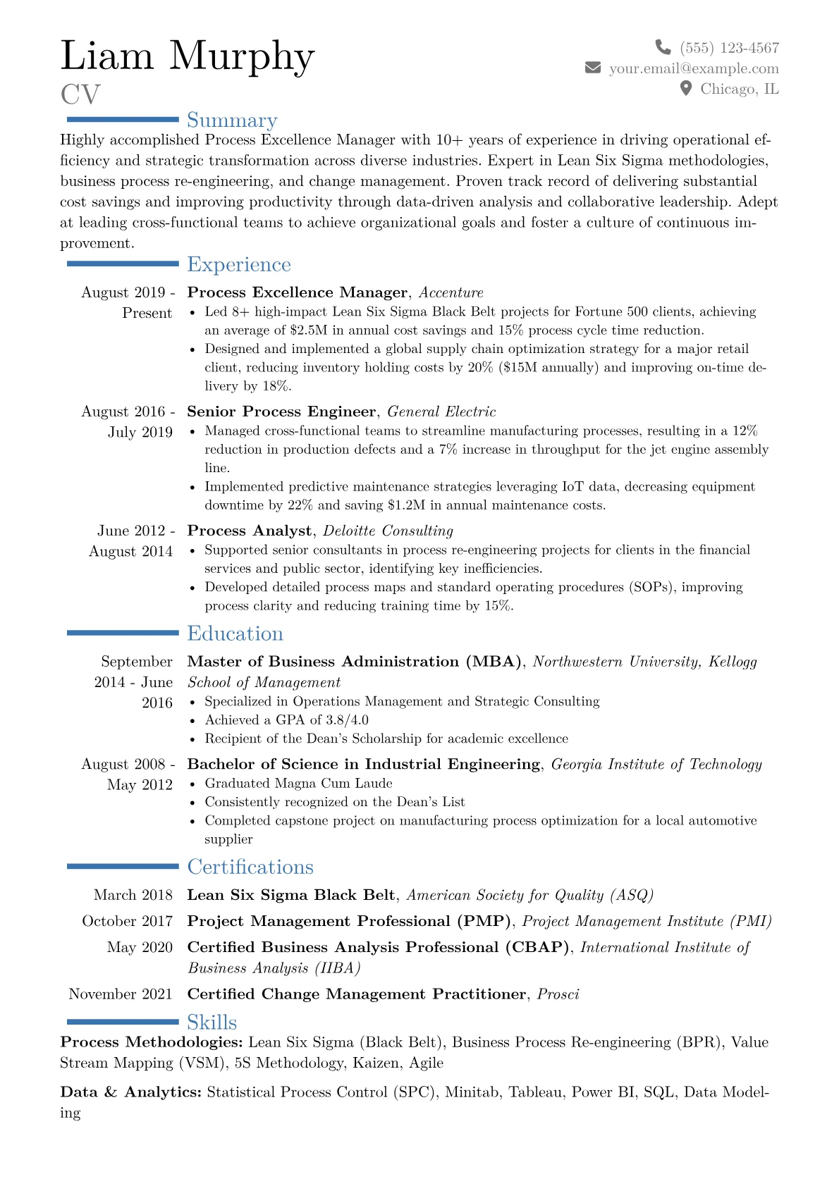 Process Excellence Manager Resume Example CV template - Page 1