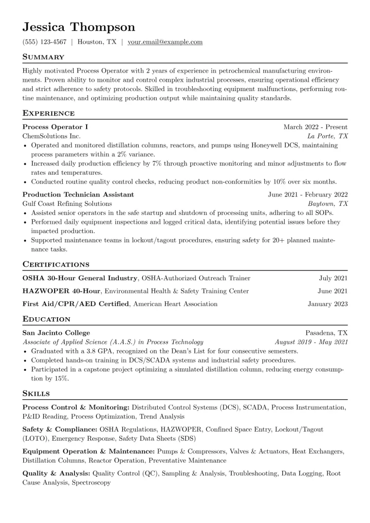 Process Operator Resume Example CV template preview
