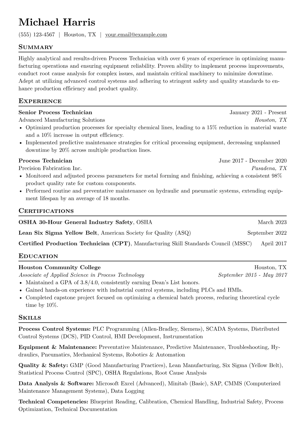 Process Technician Resume Example CV template - Page 1