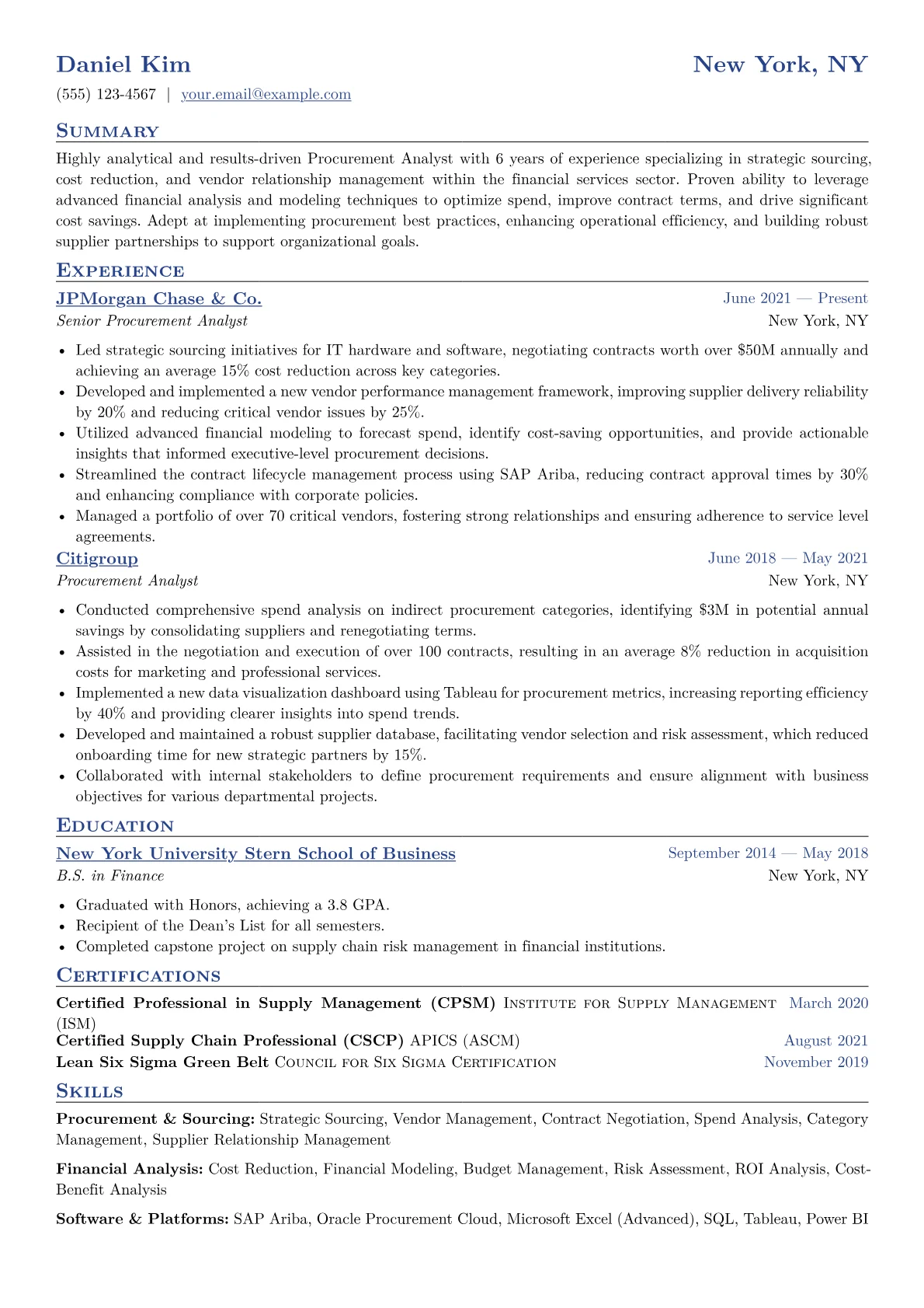 Procurement Analyst Resume Example CV template - Page 1