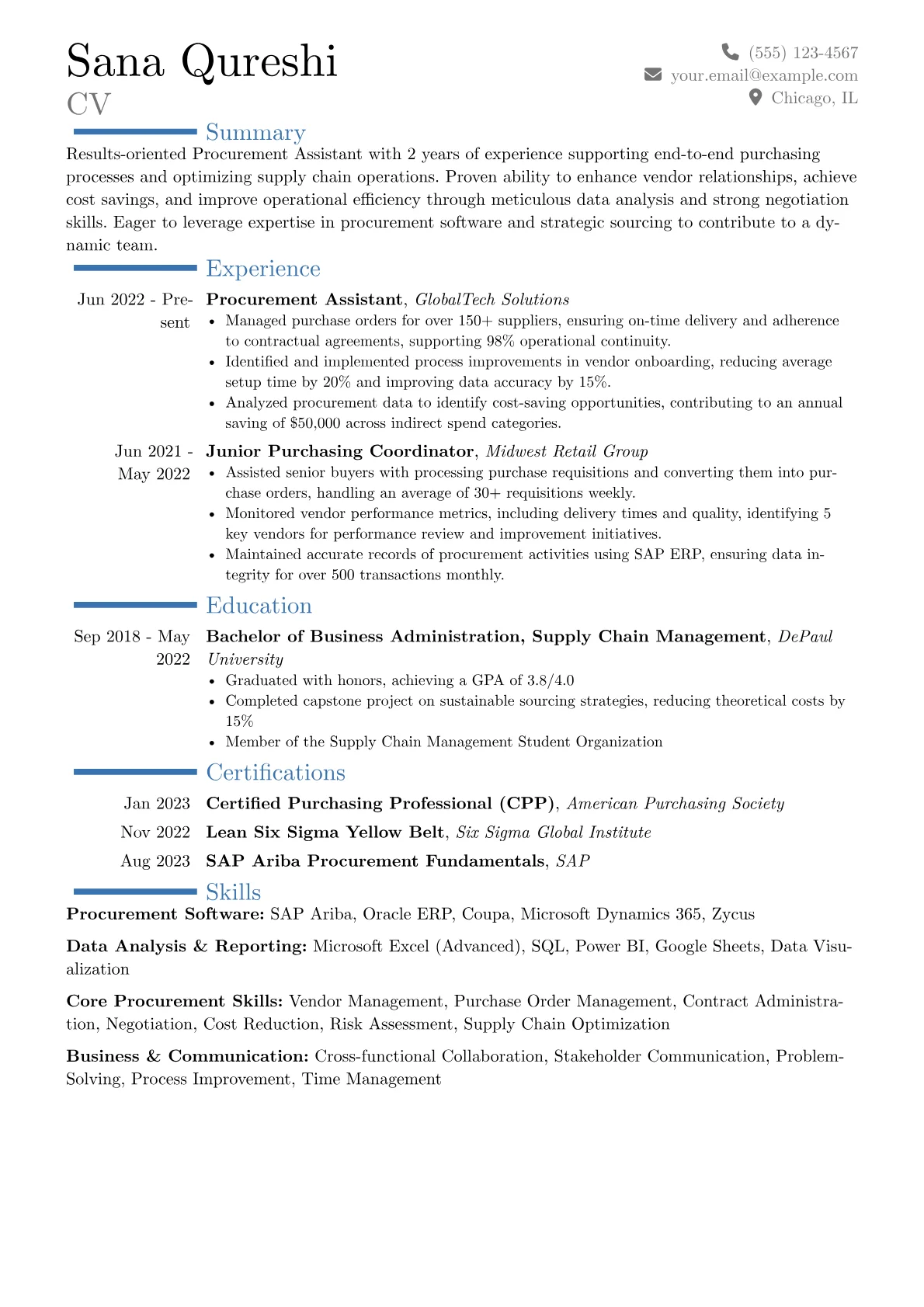 Procurement Assistant Resume Example CV template - Page 1