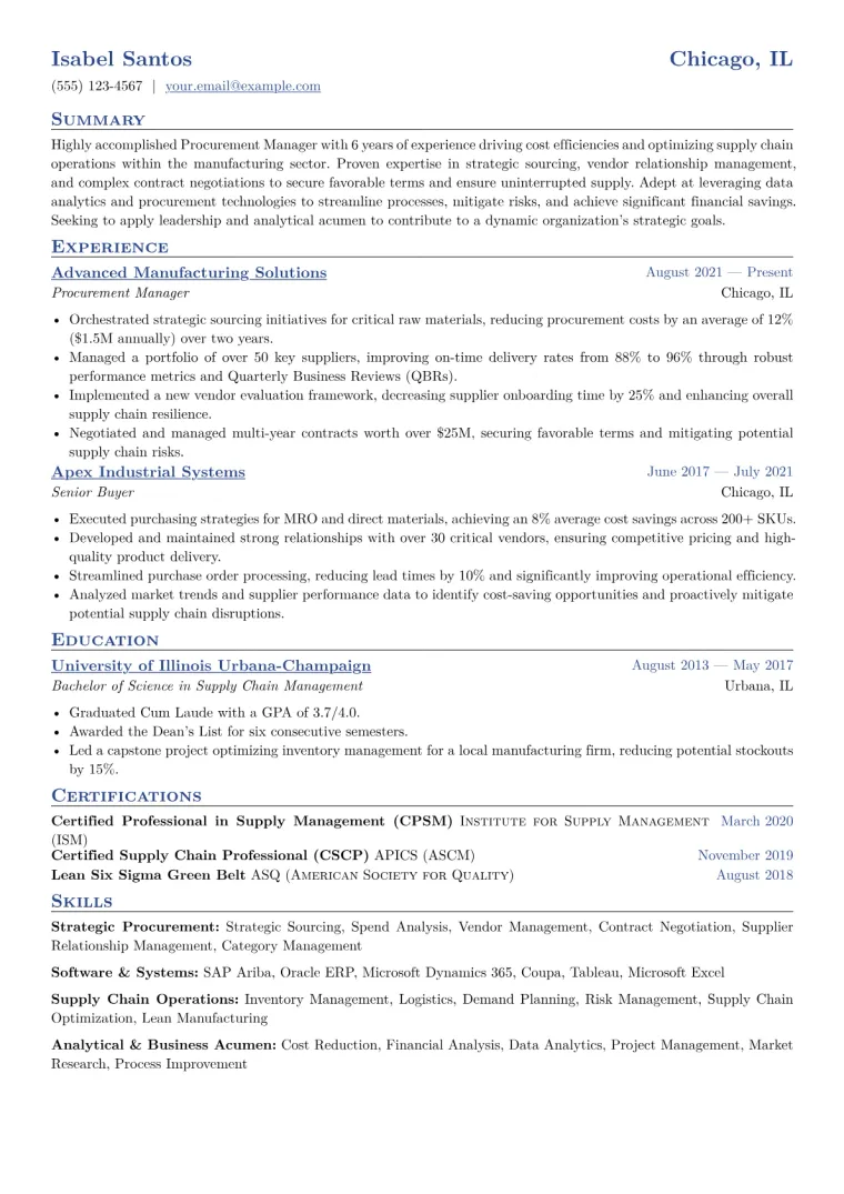 Procurement Manager Resume Example CV template preview