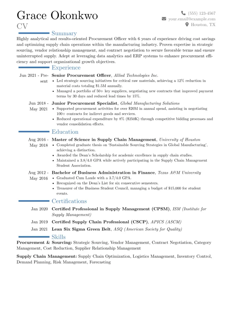 Procurement Officer Resume Example CV template preview