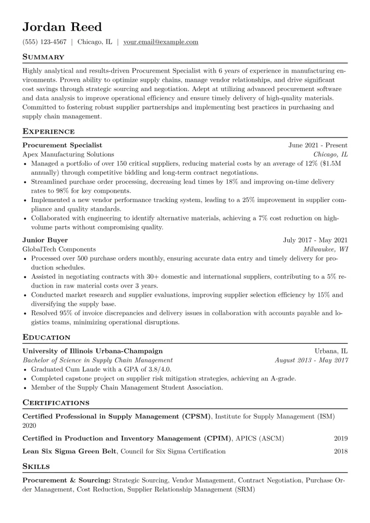 Procurement Specialist Resume Example CV template preview