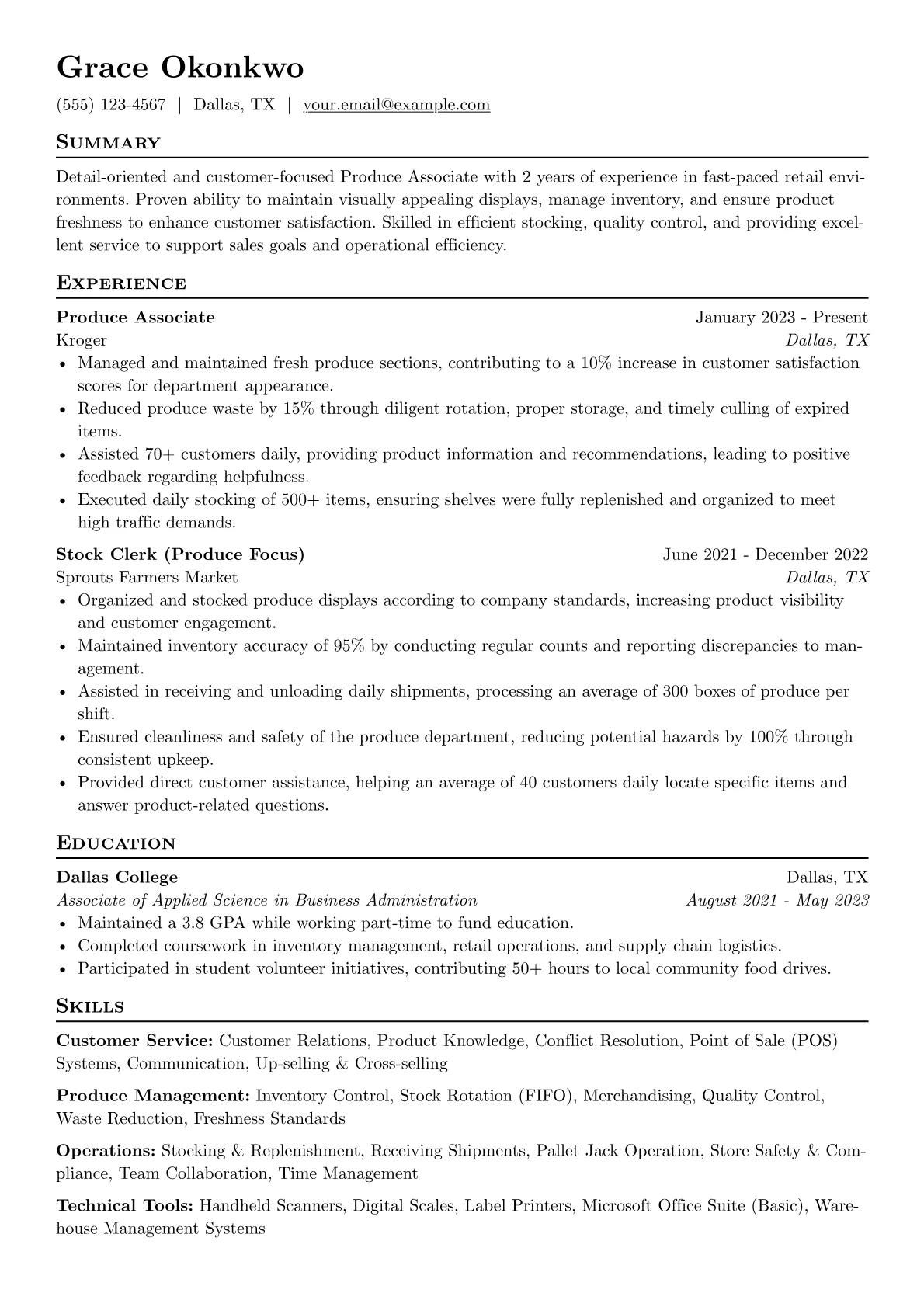 Produce Associate Resume Example CV template - Page 1