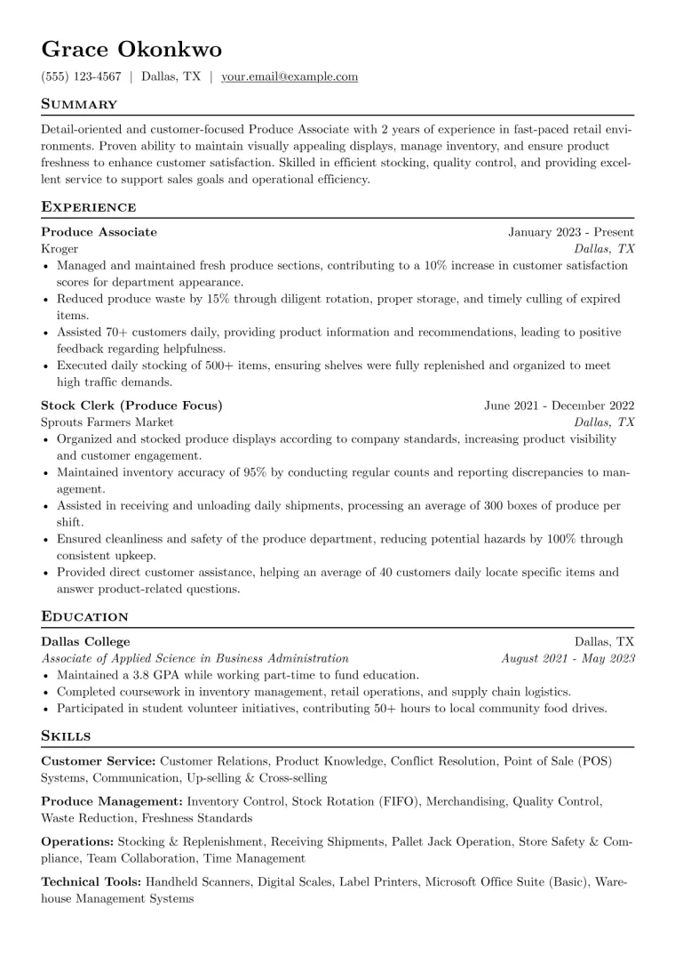 Produce Associate Resume Example CV template preview