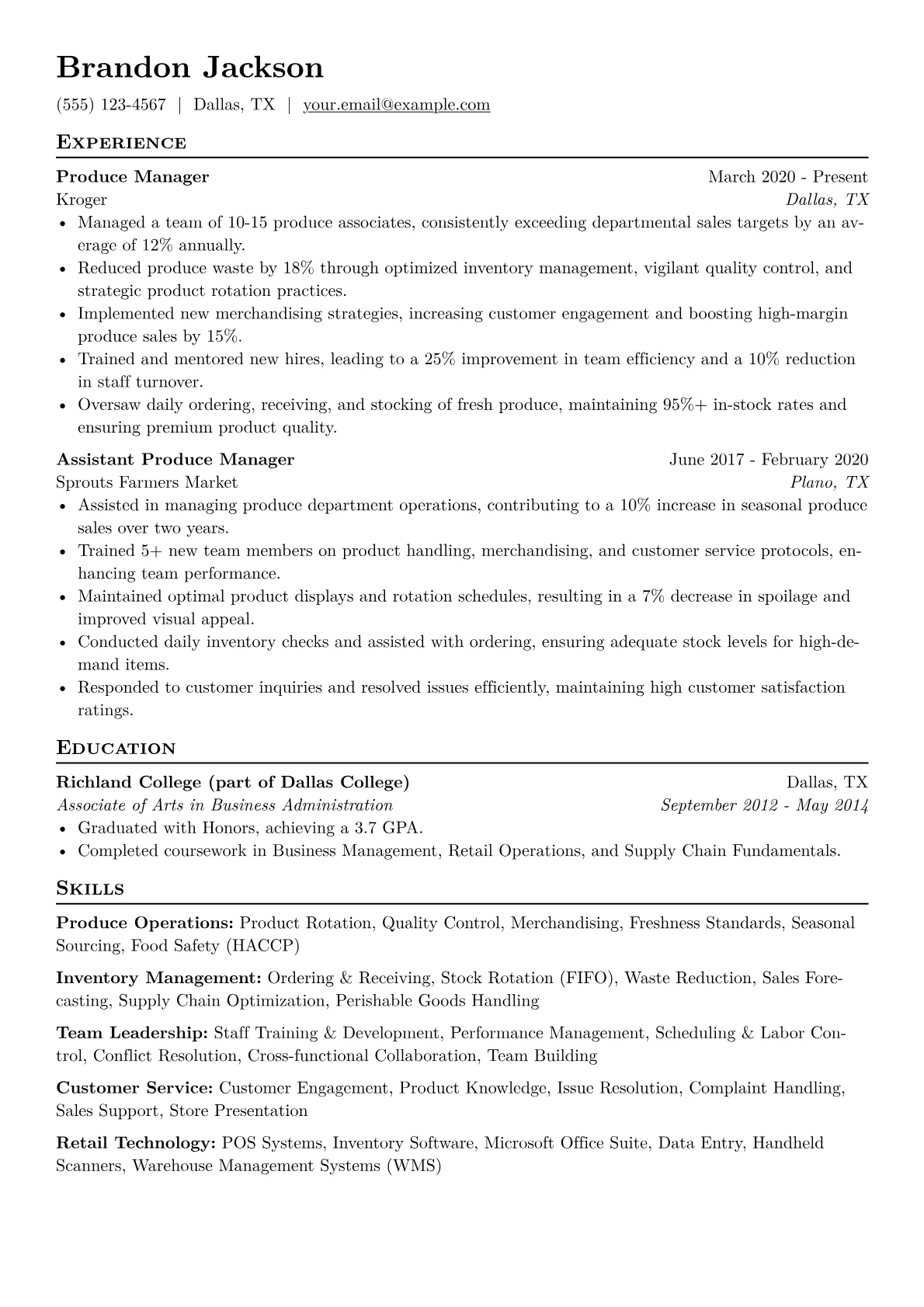 Produce Manager Resume Example CV template - Page 1
