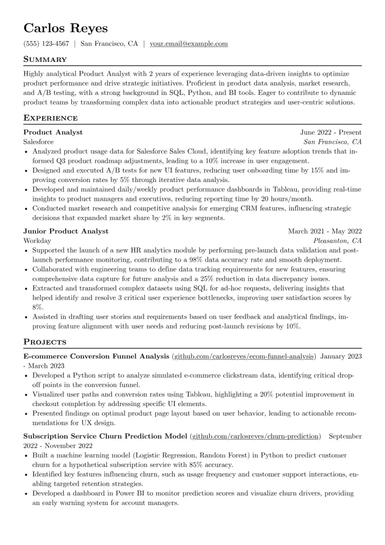 Product Analyst Resume Example CV template preview