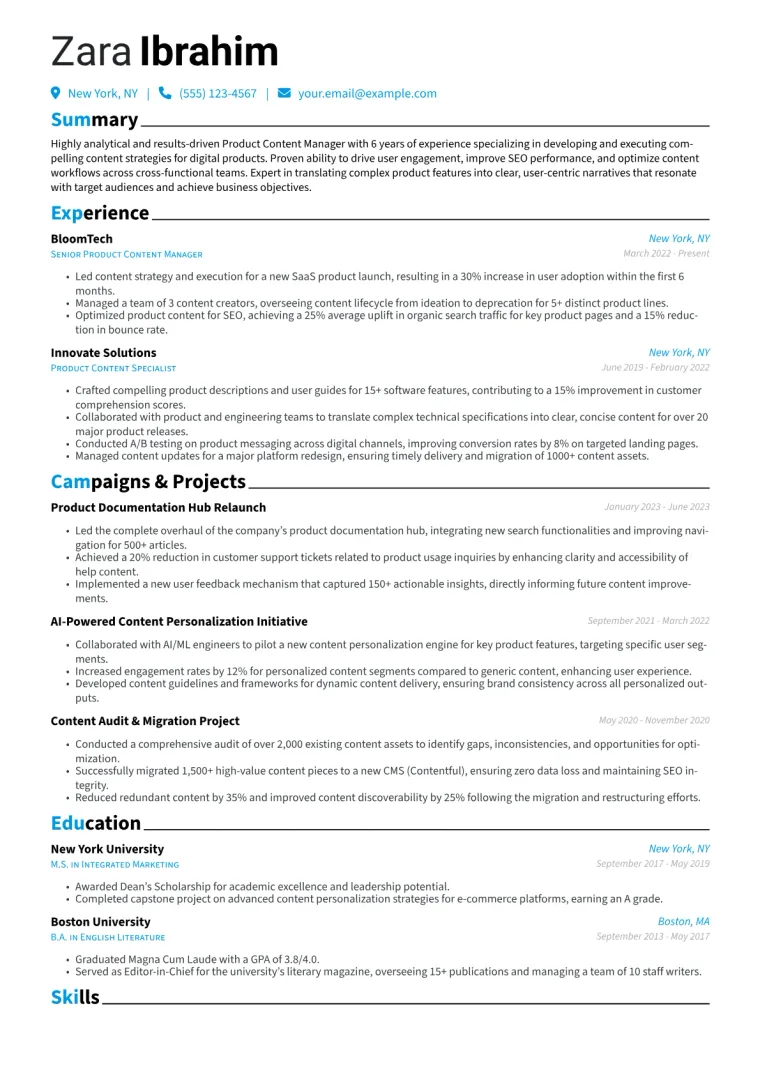 Product Content Manager Resume Example CV template preview