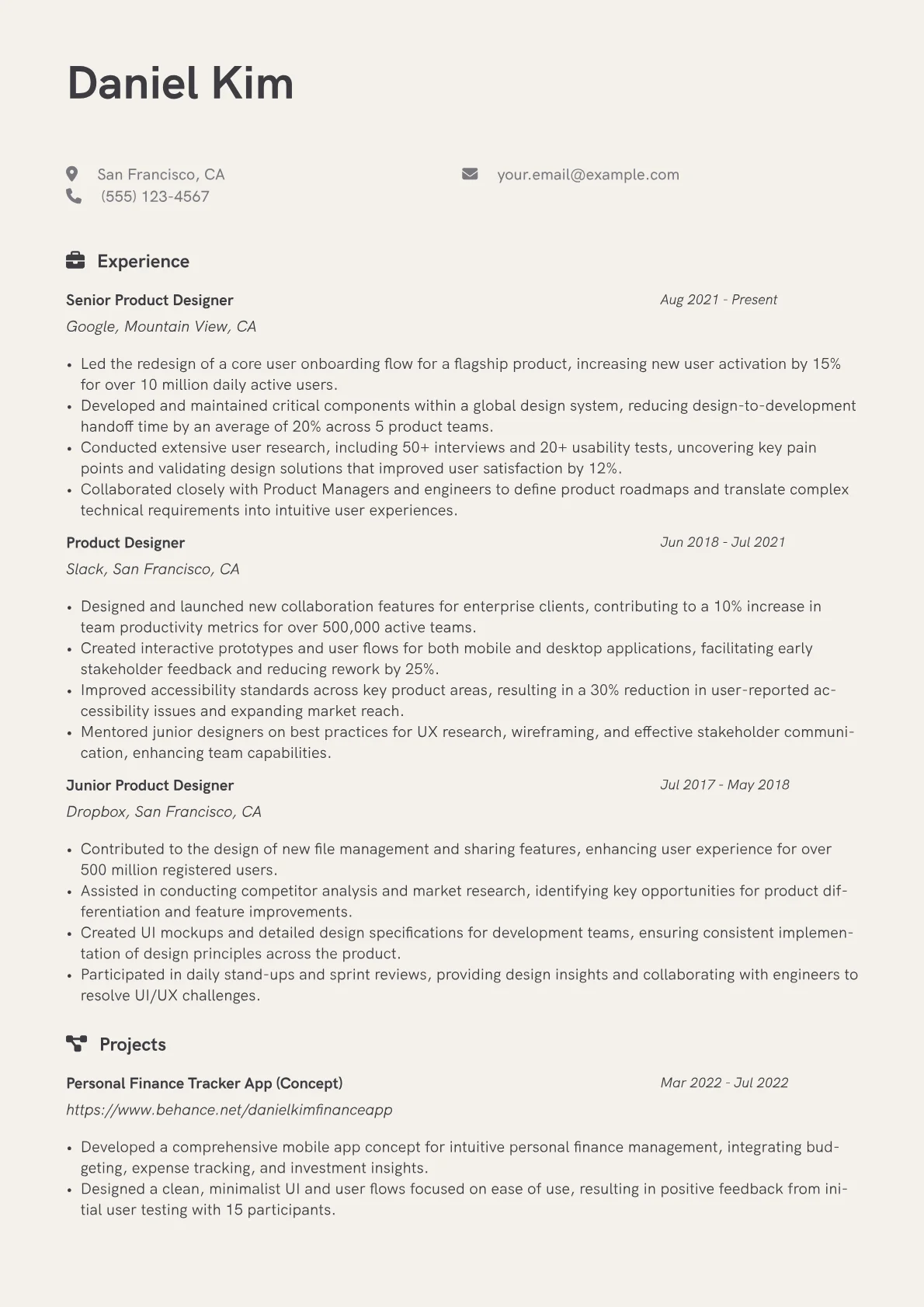 Product Designer Resume Example CV template - Page 1