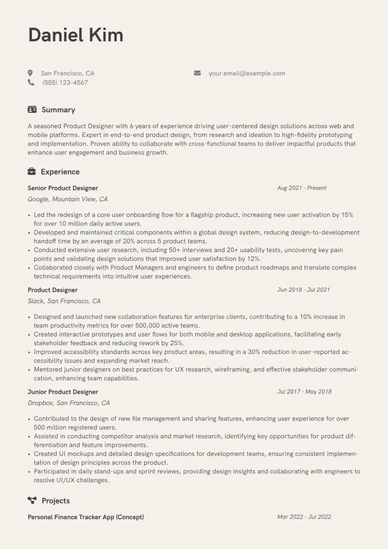 Product Designer Resume Example CV template preview