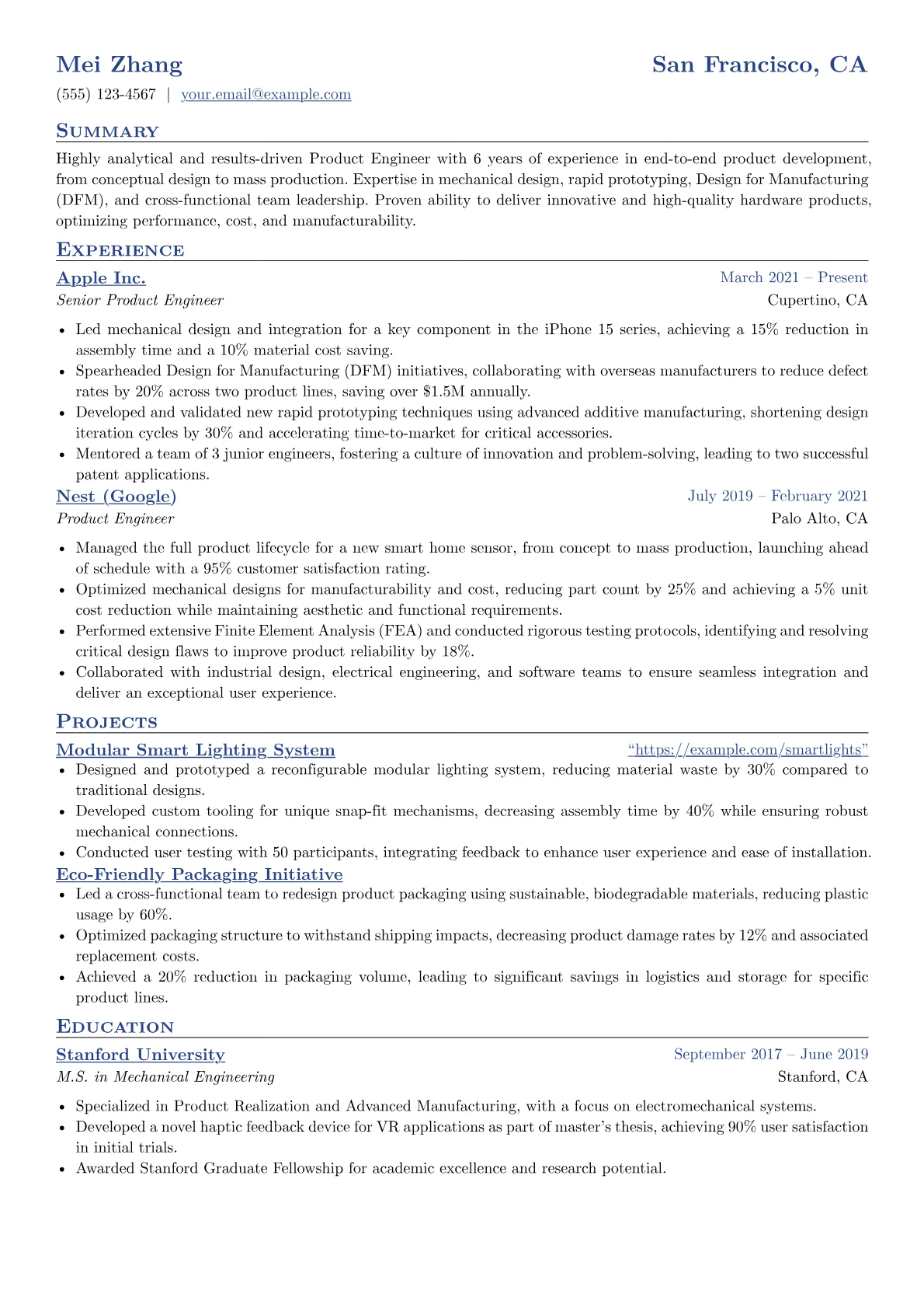Product Engineer Resume Example CV template - Page 1