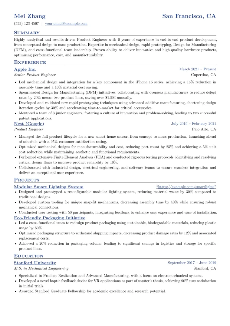 Product Engineer Resume Example CV template preview