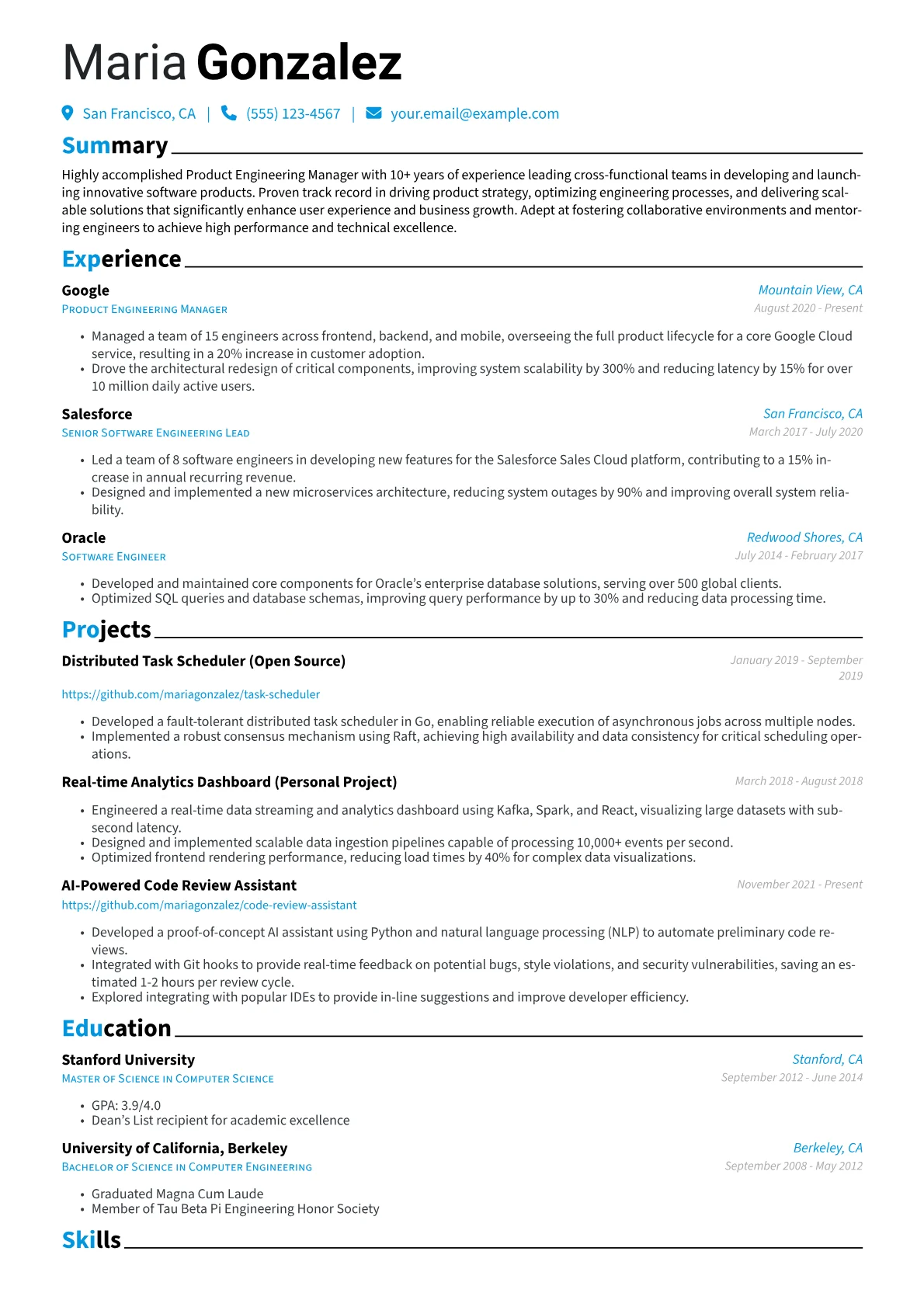 Product Engineering Manager Resume Example CV template - Page 1