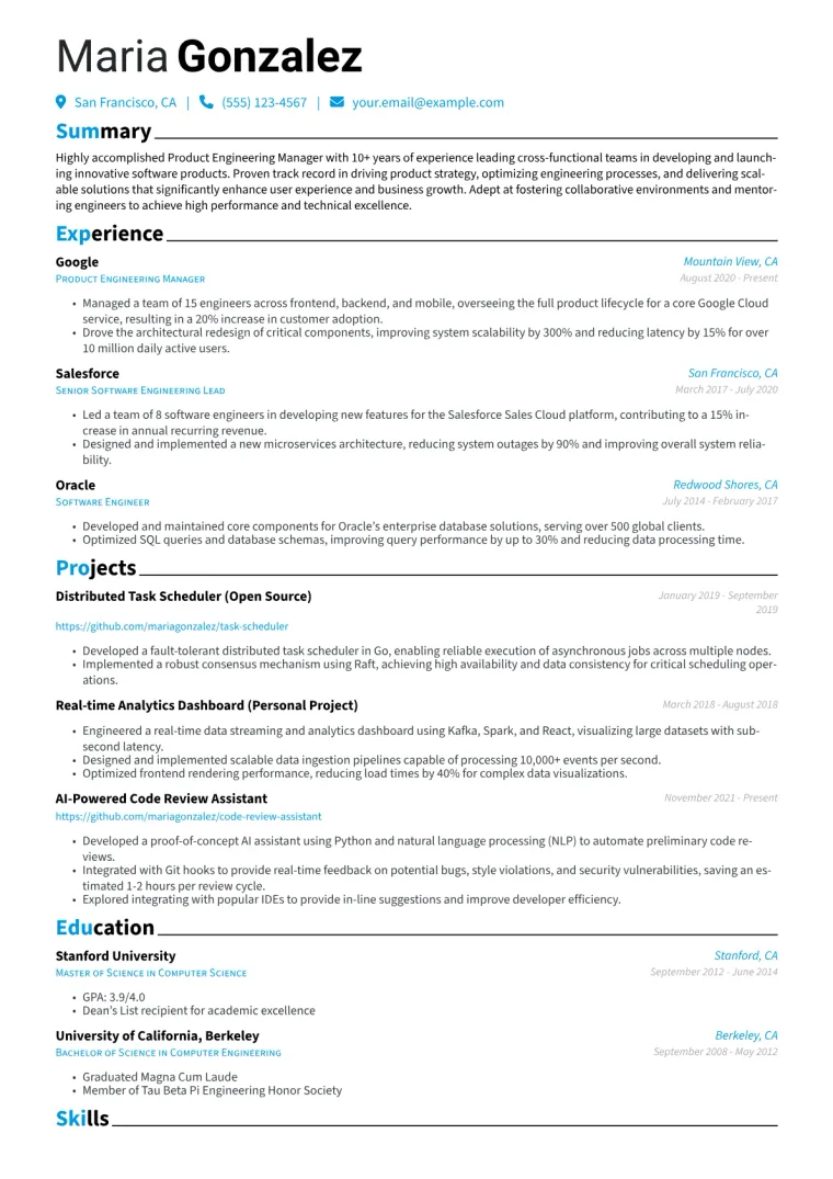 Product Engineering Manager Resume Example CV template preview