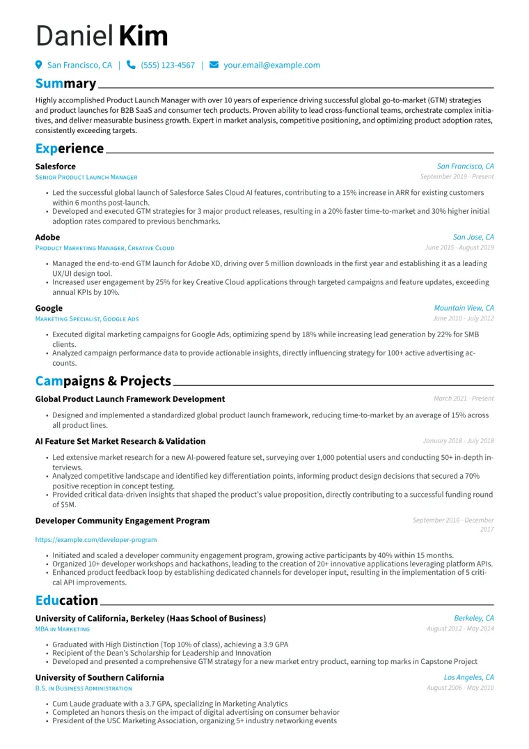 Product Launch Manager Resume Example CV template preview