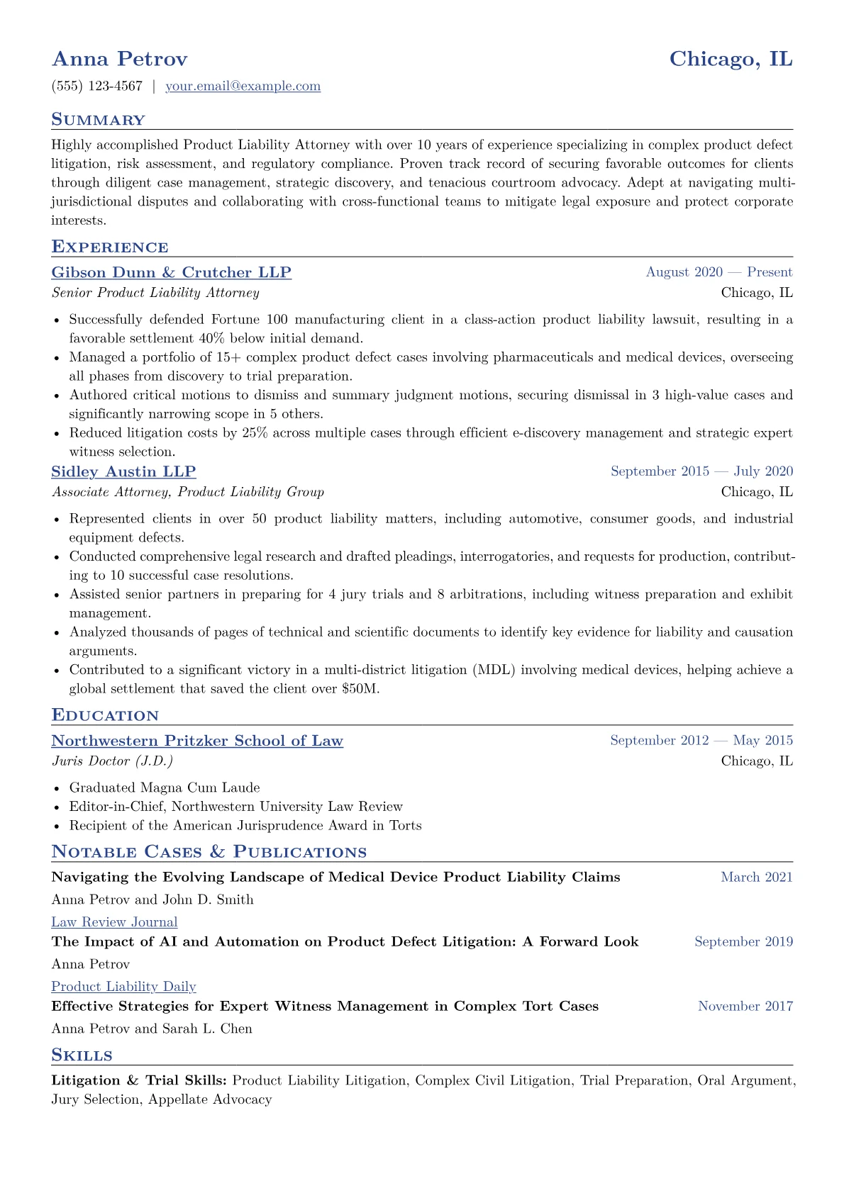 Product Liability Attorney Resume Example CV template - Page 1