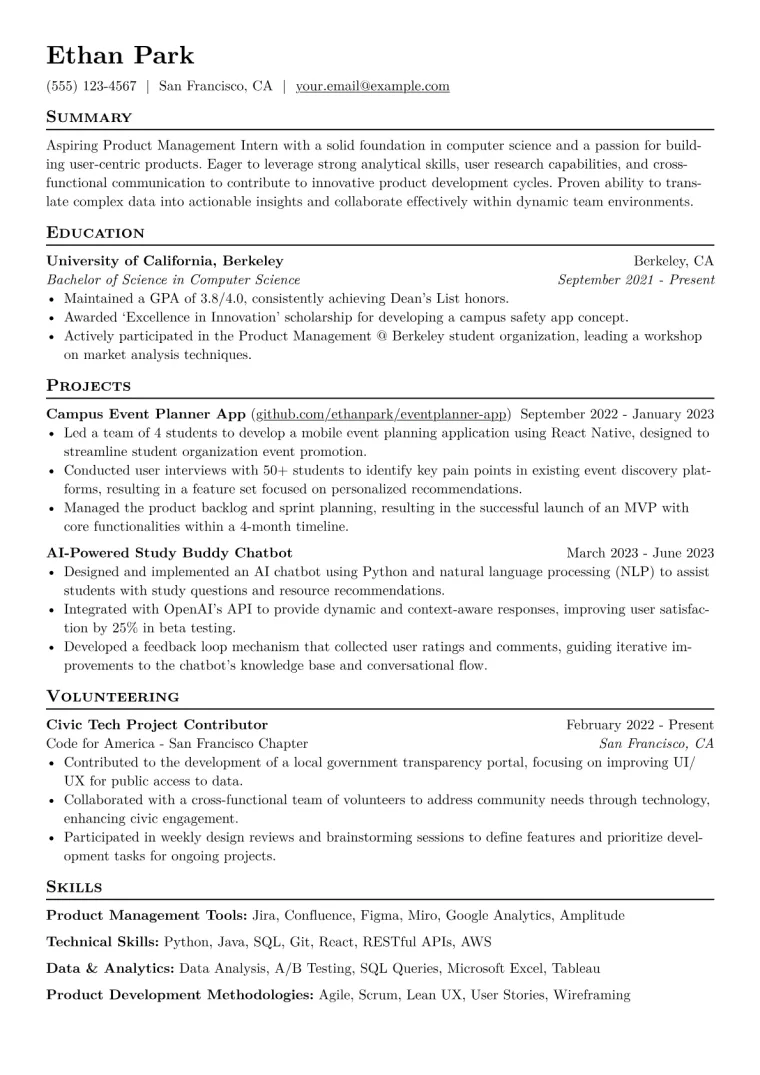 Product Management Intern Resume Example CV template preview