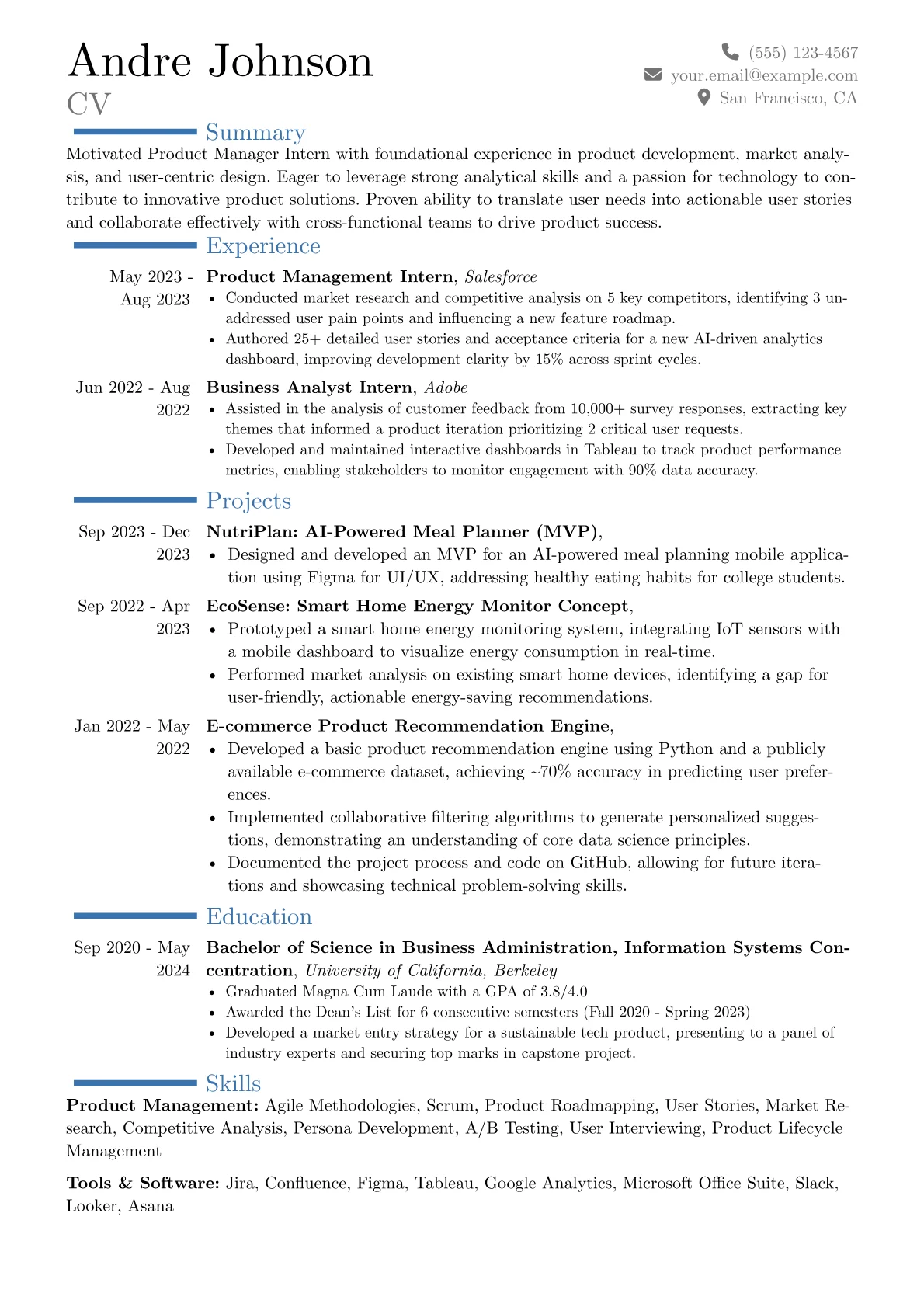 Product Manager Intern Resume Example CV template - Page 1