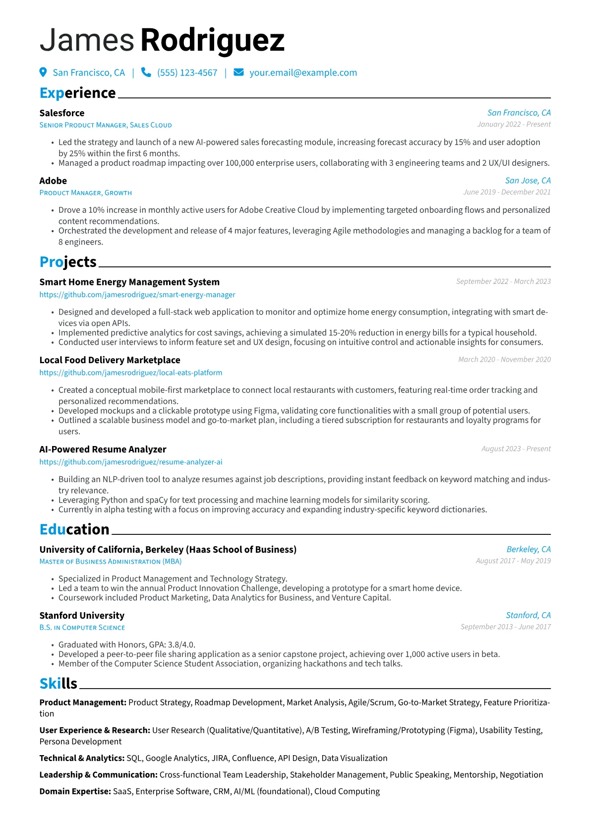 Product Manager Resume Example CV template - Page 1
