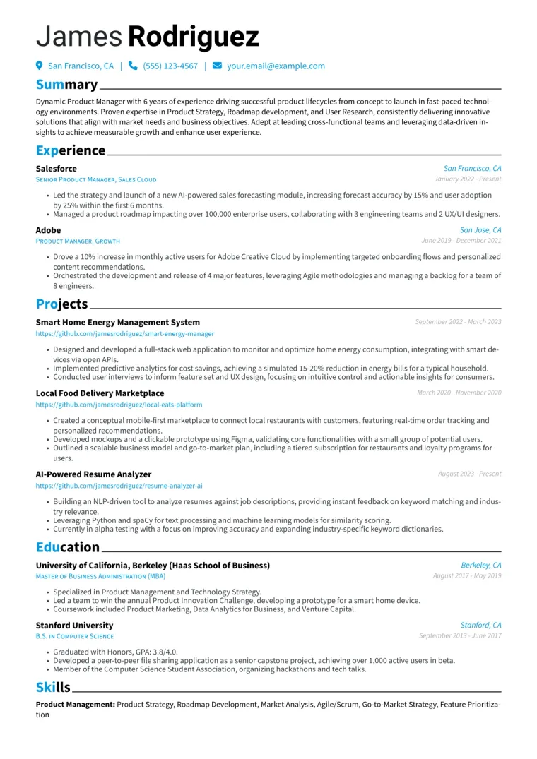 Product Manager Resume Example CV template preview