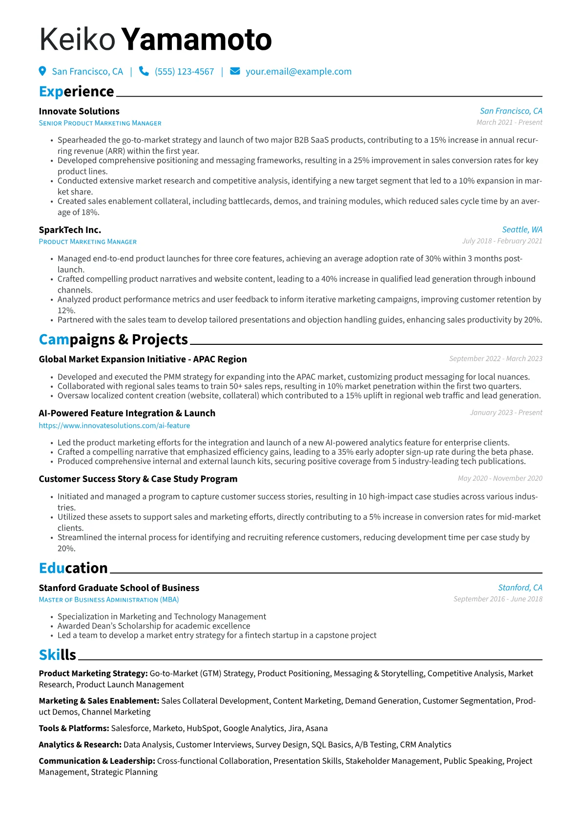 Product Marketing Manager Resume Example CV template - Page 1