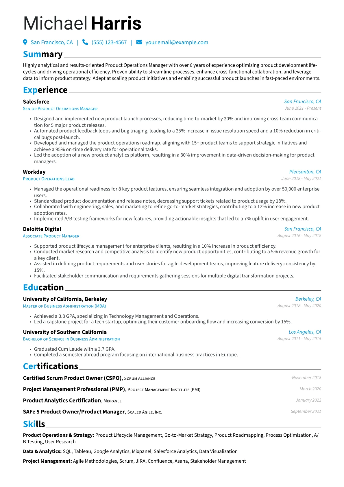 Product Operations Manager Resume Example CV template - Page 1