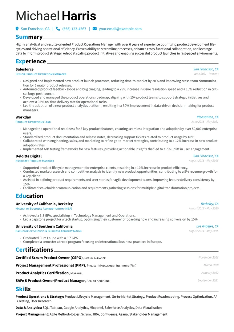 Product Operations Manager Resume Example CV template preview