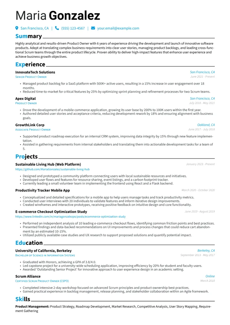 Product Owner Resume Example CV template preview