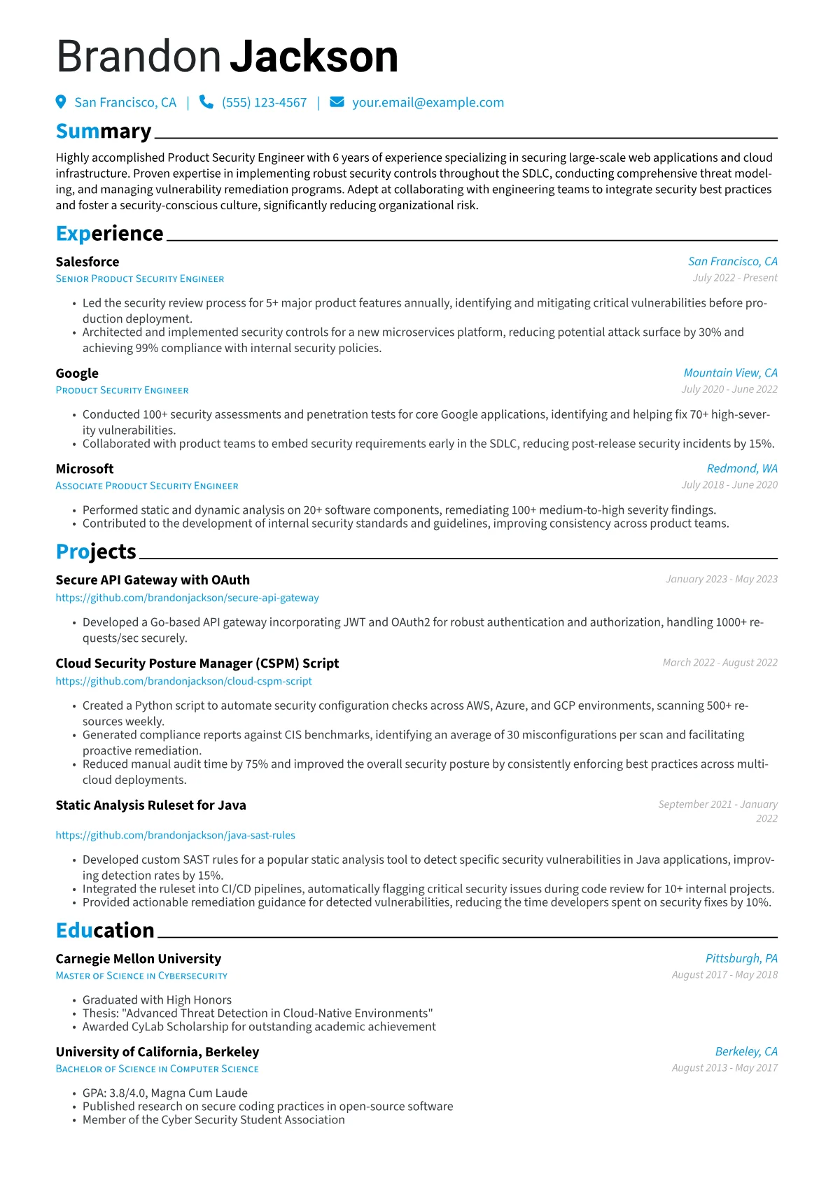 Product Security Engineer Resume Example CV template - Page 1