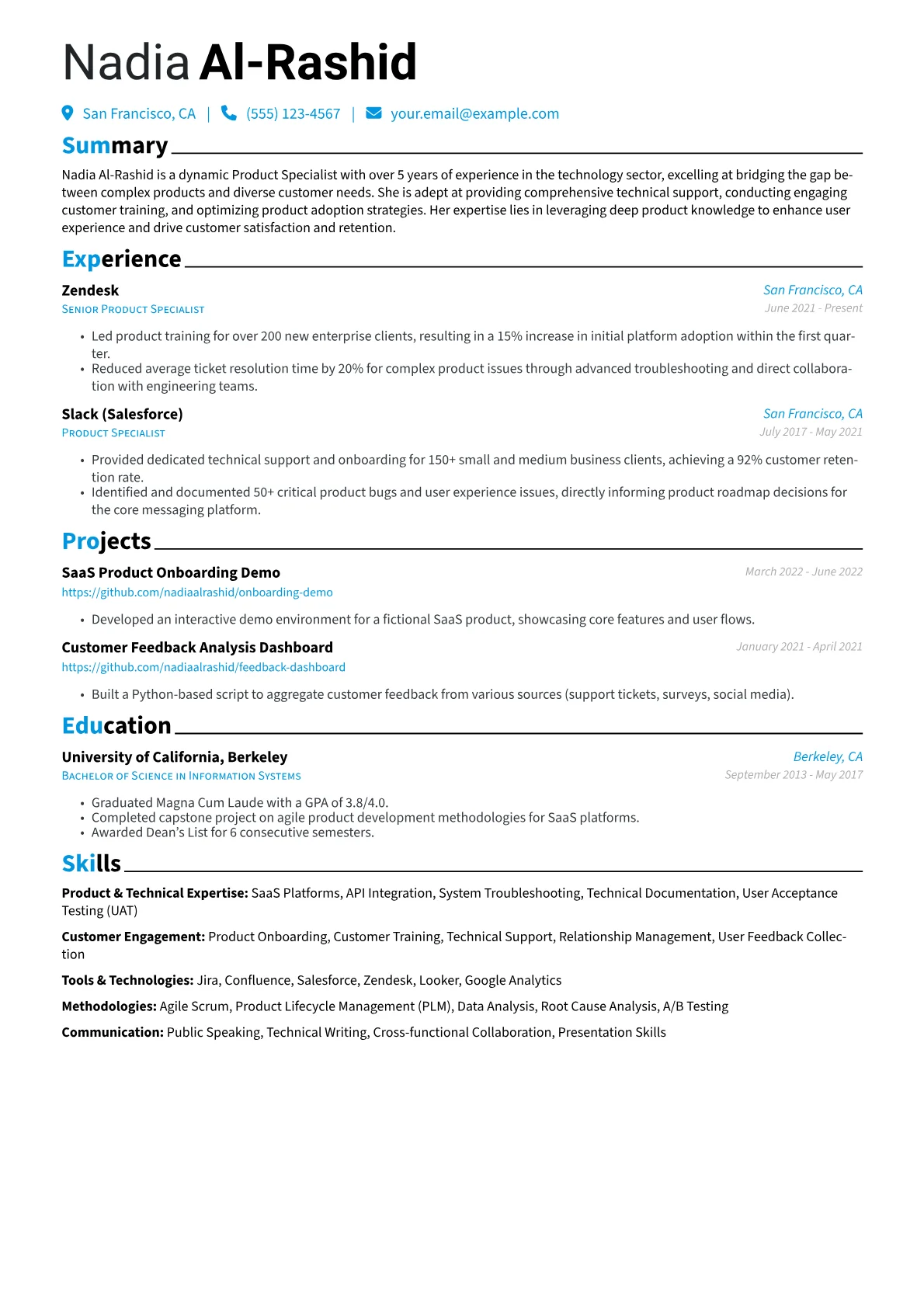 Product Specialist Resume Example CV template - Page 1