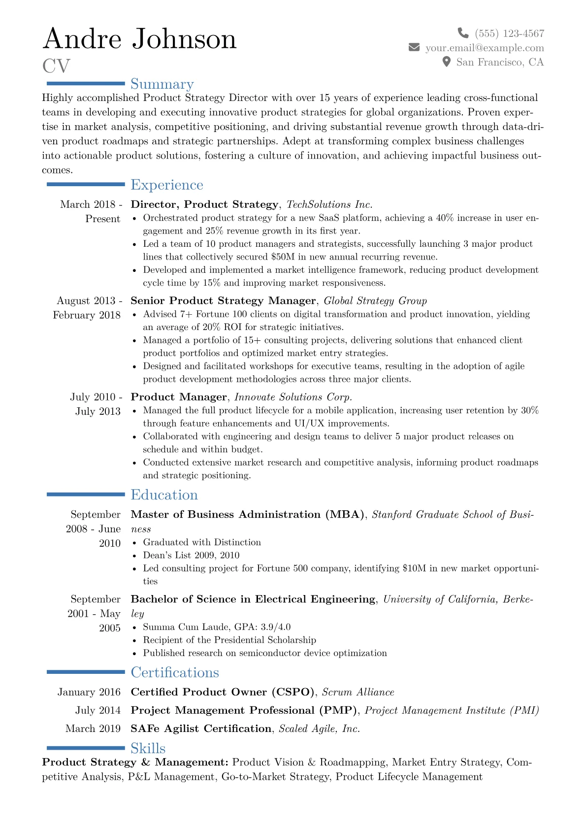 Product Strategy Director Resume Example CV template - Page 1